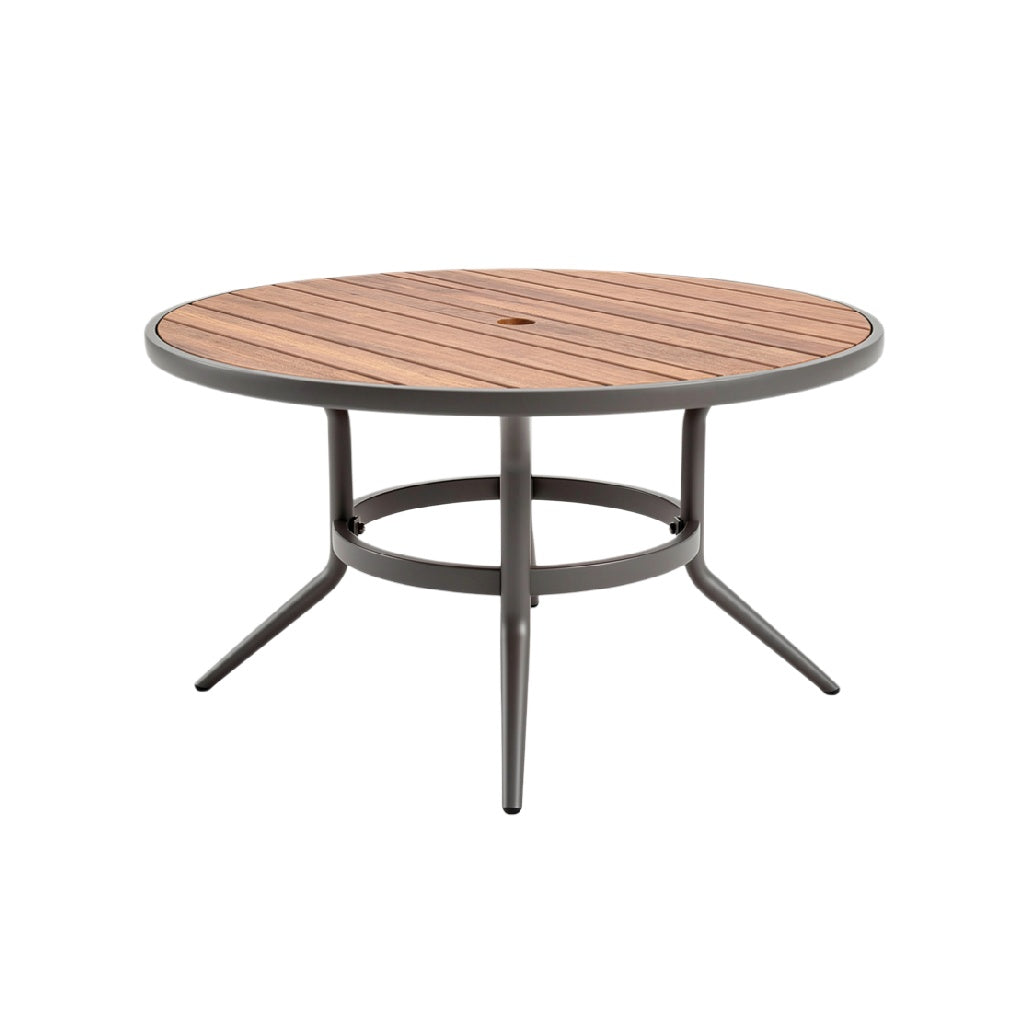 Modern Round Patio Table with Wood Finish and Metal Base